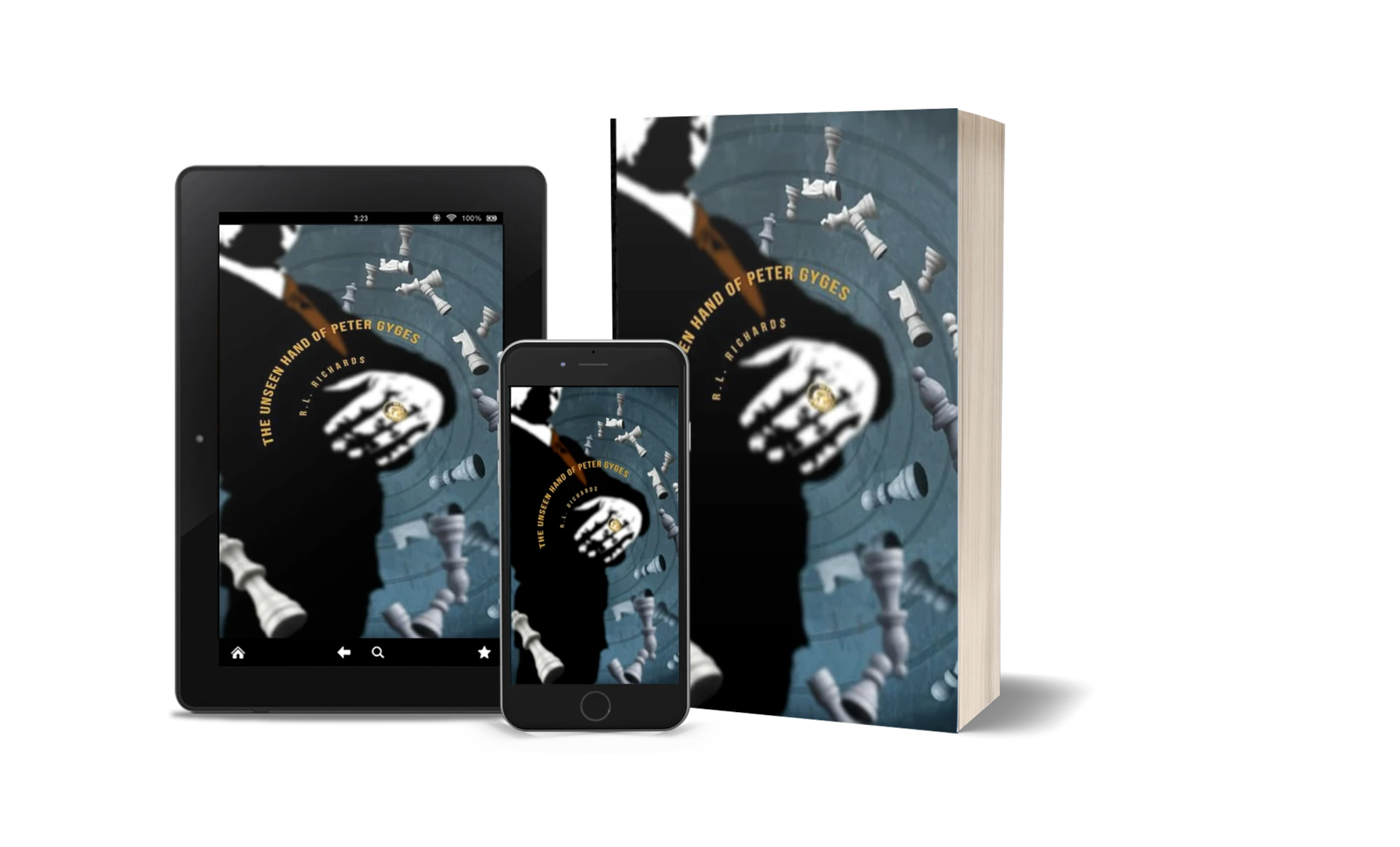 Format mockup — paperback, tablet and phone