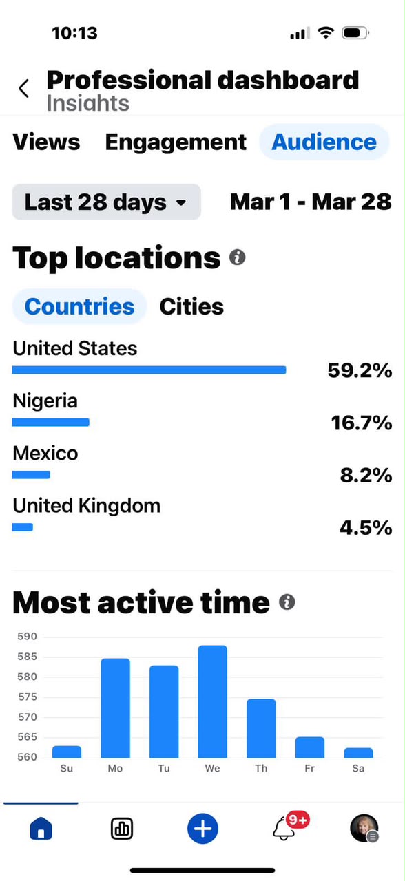 Facebook insights — top locations and active hours