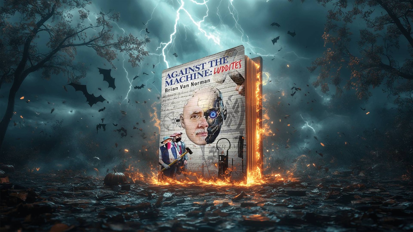Halloween-themed promotional render of Against the Machine: Luddites