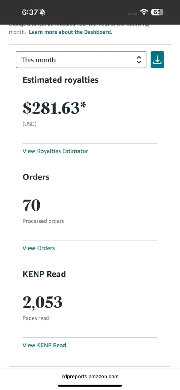 KDP dashboard — mobile view
