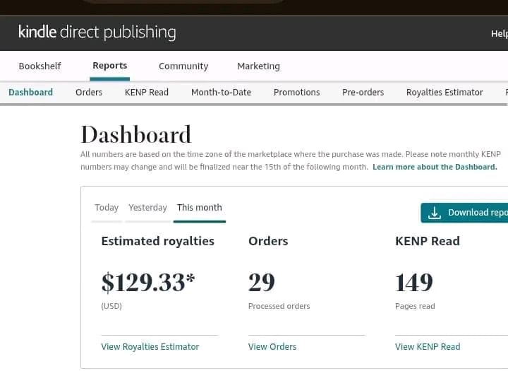 KDP dashboard — month to date