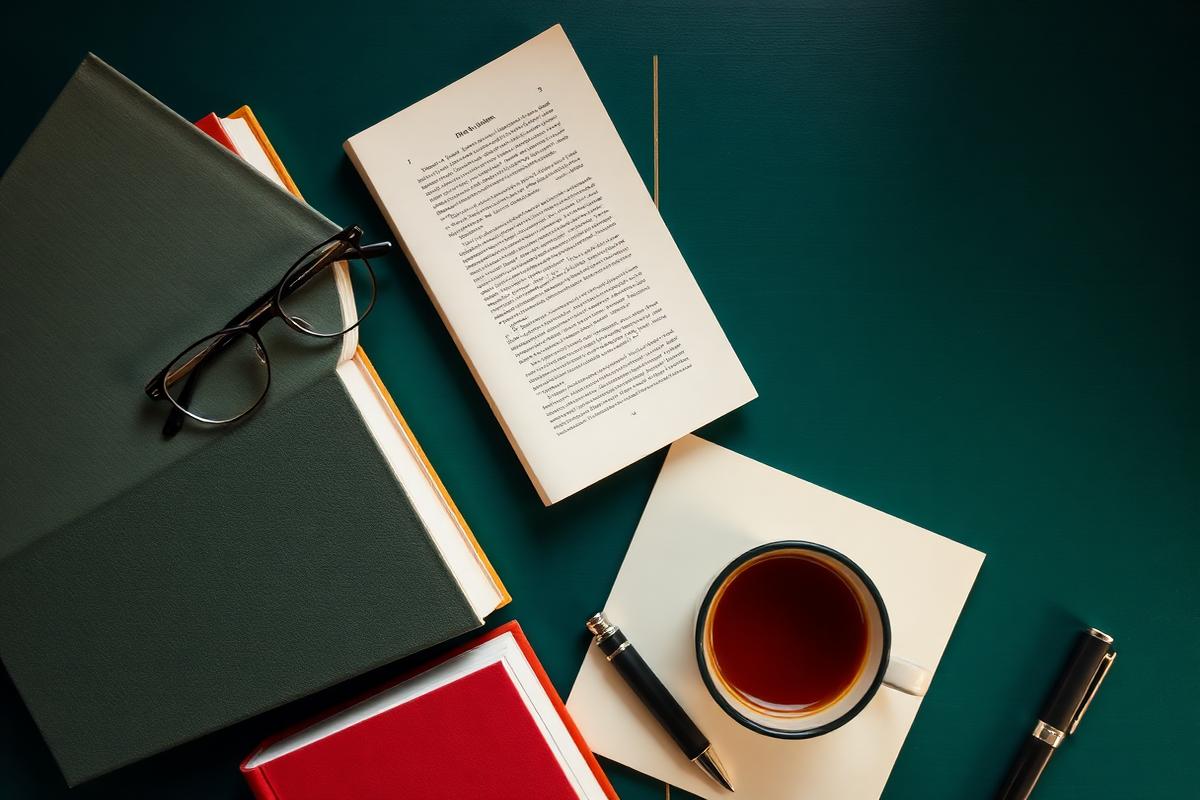 Books, reading glasses and a pen on a desk