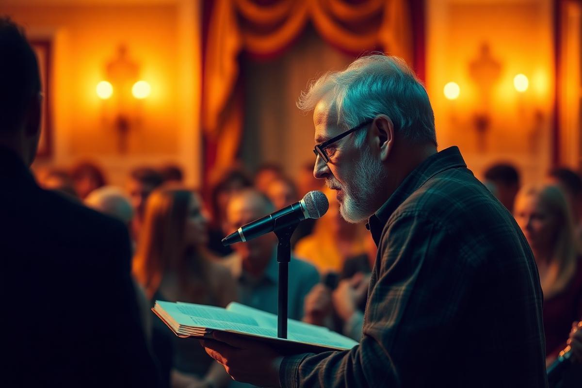 An author reading aloud at a microphone